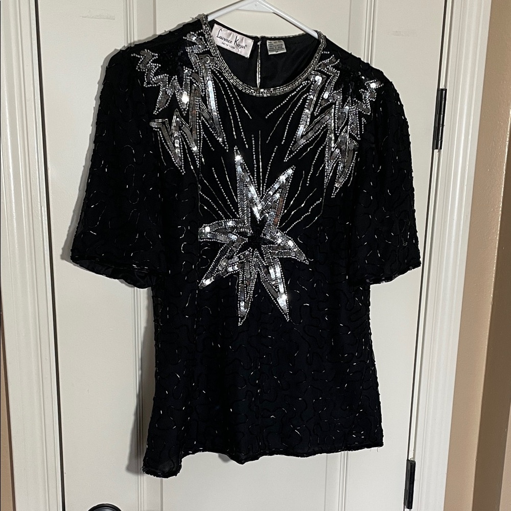 Laurence Kazar Black Top with Silver Sequin Design